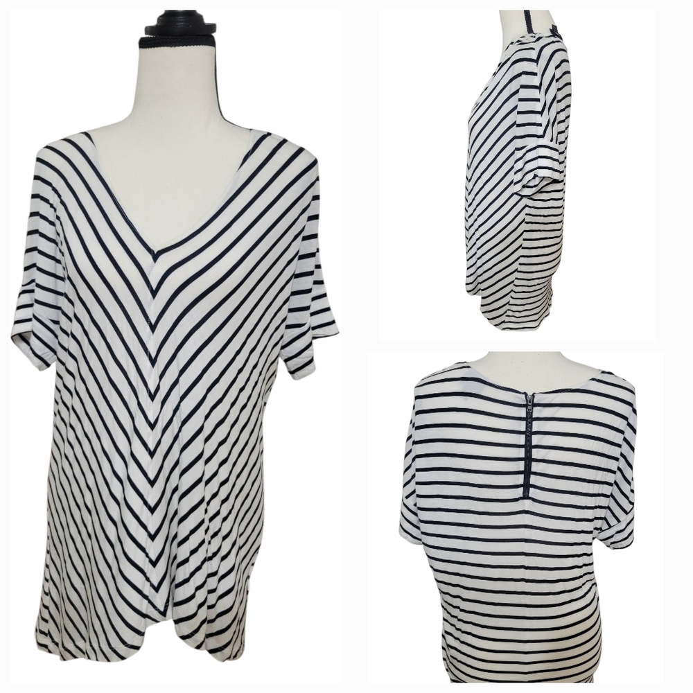 Mossimo Sz M V Striped Wht/Blk Vneck Cap Short Sleeve Zip Back Hi-Low Tee *defct